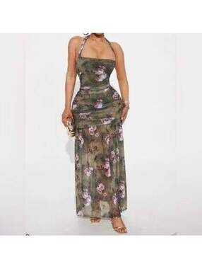 Fashion Nova / Harmony Halter Mesh Maxi Dress / Olive Floral